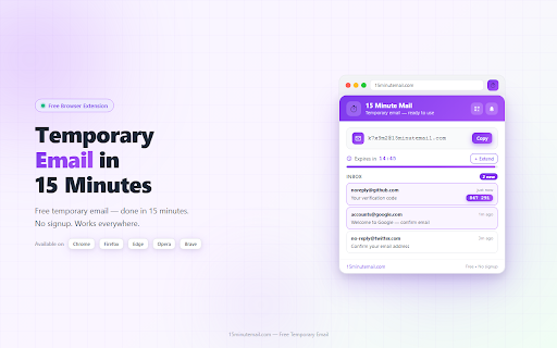 15 Minute Mail - Disposable Temporary Email :: Free temporary email with instant inbox, OTP detection, and auto-delete in 15 min. Protect your real email from spam and phishing.
