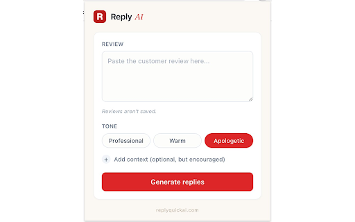 Reply AI — Review Reply Drafts :: Draft three thoughtful AI-written replies to customer reviews — in your voice. Paste, pick a tone, copy.