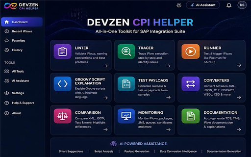 DevZen CPI Helper :: Integrated productivity toolkit for SAP Cloud Integration development, testing, troubleshooting, monitoring, and documentation.