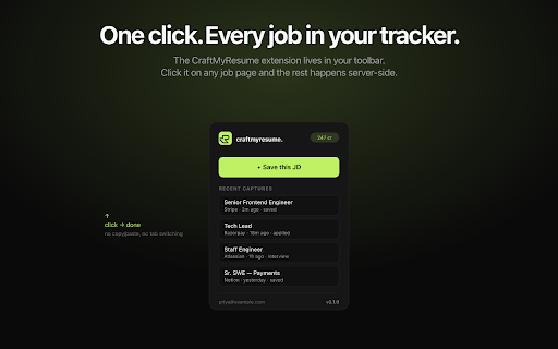 CraftMyResume — Apply to jobs 10× faster :: One-click capture any job. AI drafts a tailored email with a public resume link and opens it in Gmail, ready to send.