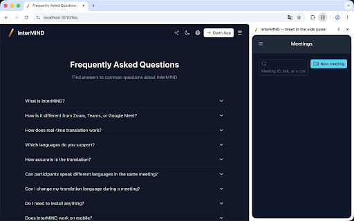 InterMIND — Meet in the side panel :: See your call while you present. The side panel stays out of the shared tab — participants see only your content.