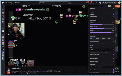 Danmaku for Twitch — Chat Overlay :: Watch Twitch fullscreen without missing chat. Adds a customizable danmaku overlay with Twitch, 7TV, BTTV, and FFZ emotes.