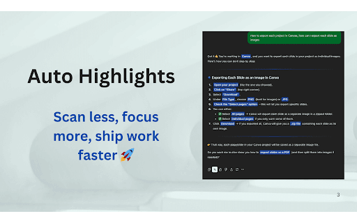 ChatGPT Focus: AI Summarizer, Auto-Highlighter & Speed Reader :: ⚡ Auto-highlight key insights & dim the noise. Turn ChatGPT responses into scannable text to read 5x faster