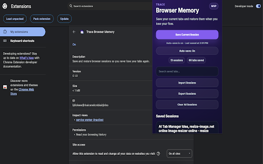 Trace Browser Memory :: Save and restore browser sessions so you never lose your tabs again.
