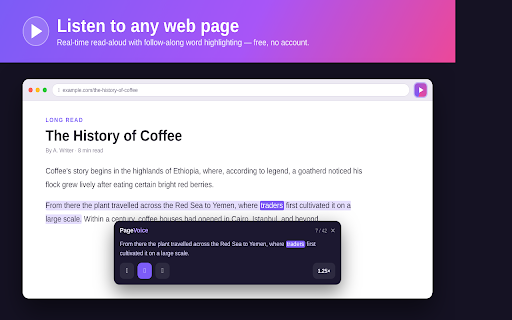 PageVoice — Read Aloud :: Real-time text-to-speech for any web page. Reads the whole page or your selection aloud, with follow-along word highlighting.