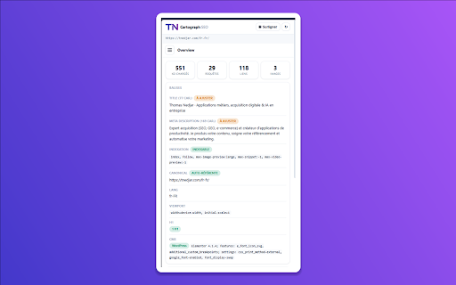 SEO Cartograph On-page : audit et analyse SEO :: Audit SEO complet de chaque page : balises, liens cassés, Core Web Vitals, CMS. Et les données Search Console et GA4 en direct.