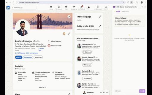 Goldi - Career Coach on LinkedIn :: AI career coaching on LinkedIn. Guided profile building, connection outreach, and real-time coaching.