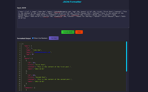 JSON Formatter :: Format JSON with syntax highlighting, line numbers, and full-size mode. Sleek dark theme and intuitive interface.