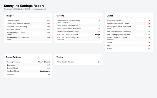 Sunnylink Settings Reporter :: Builds a settings report from sunnylink.ai dashboard pages, with an optional auto-crawl.