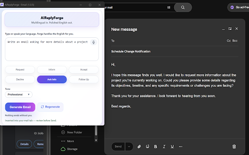 AiReplyForge :: Polished AI email for Gmail, Yahoo Mail, Outlook (web) (customize company mail url in Options) and LinkedIn.