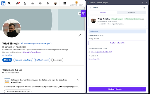 Hanta LinkedIn Plugin :: Capture LinkedIn profiles and companies into Hanta CRM from the Chrome side panel.
