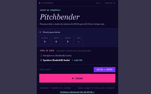 Pitchbender — 440 Hz to 432 Hz :: Converts browser audio from 440 Hz to 432 Hz in real time.