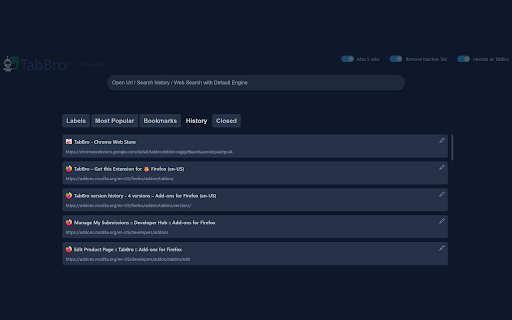 TabBro :: Smart Tab Manager: Reminder, Tab Suspender, DeDuplicator, Limiter, Search/Navigation for History, Bookmarks, Closed Tabs, and more.