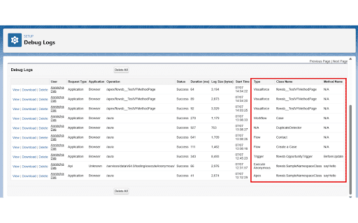 Salesforce Debug Log Enhancer :: Instantly see Execution Type, Class Name, and Method Name in Salesforce debug logs. Includes a 'Delete All Logs' helper.