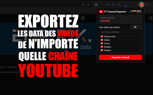 YouTube Channel Exporter :: Exportez n'importe quelle chaîne YouTube en Excel en un clic : vidéos, Shorts, Streams, Playlists et statistiques.