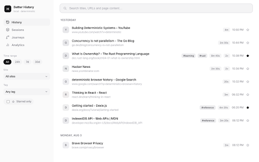 Better Browser History :: Search and analyze browser history with full-text search, sessions and time insights—all stored locally on your device.
