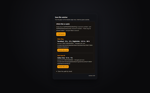 Elden Ring & Dark Souls Tracker - save file watcher :: Sends your Elden Ring and Dark Souls III save to the tracker page while you play. Nothing ever leaves your computer.
