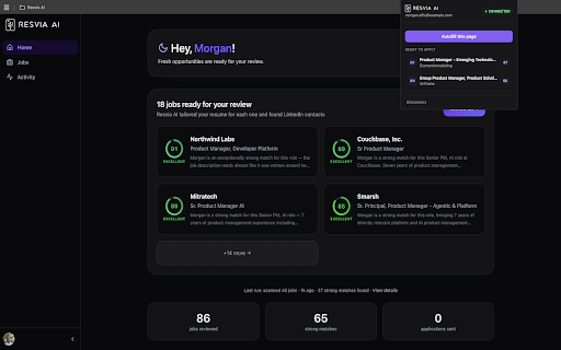 Resvia AI — Job Application Autofill :: Fills job application forms with your Resvia profile and resume. You always review and press Submit yourself.
