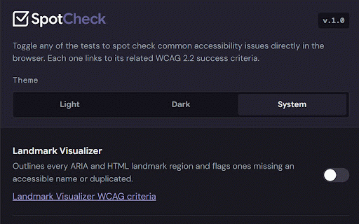 SpotCheck: Accessibility Toolkit :: Toggle any of the tests to spot-check common accessibility issues. Each one links to its related WCAG 2.2 success criteria.