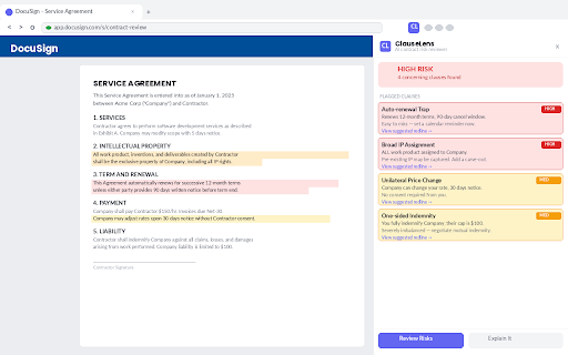ClauseLens :: AI contract risk reviewer — catch auto-renewals, bad IP clauses, and liability traps before you sign.