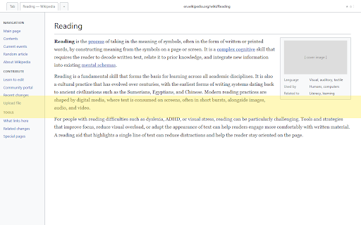 Reading Ruler :: A horizontal highlight that follows the mouse to help you focus on a single line while reading. Useful for ADHD, dyslexia, students.