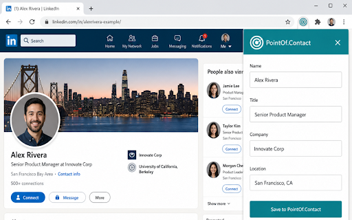 PointOf.Contact Assistant :: Save any LinkedIn profile to Google Contacts in one click. AI auto-fills job, company, skills & bio — no copy-paste.