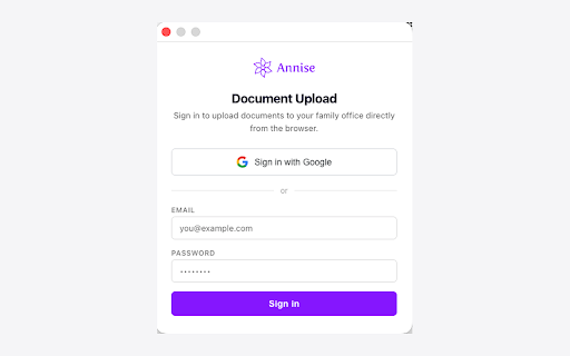 Annise Document Upload :: Upload documents to your family office directly from your browser.