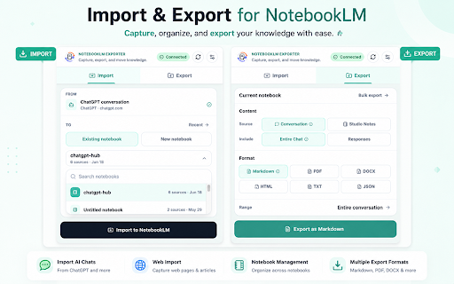 AIExportHub for NotebookLM :: Import AI chats, webpages, and highlights into NotebookLM. Export chats and Studio Notes as local files.