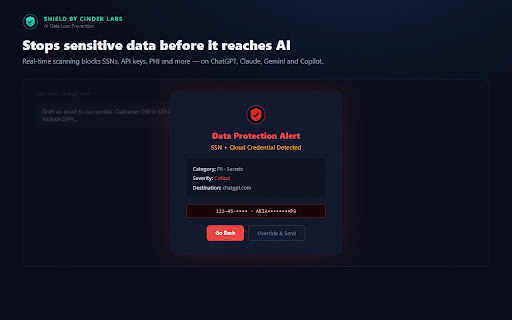 Shield by Cinder Labs :: Prevent sensitive data leaks to AI. Scans text, file uploads, and images (OCR) in real time. Shadow AI detection. Enterprise DLP.