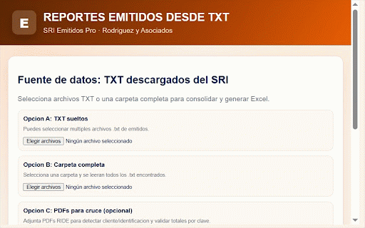 SRI Emitidos Pro - Rodriguez & Asociados :: Descarga y organiza comprobantes emitidos del SRI por contribuyente y mes, con activacion y soporte.