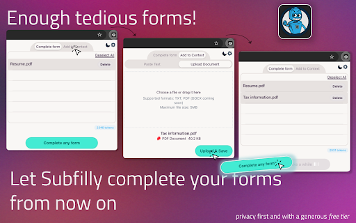 Subfilly :: Intelligently complete forms and input fields using user provided context documents with AI assistance.