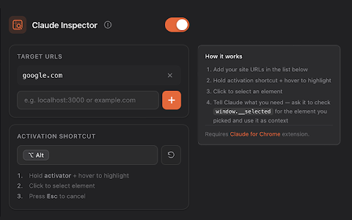 Claude Browser Inspector :: Select any element on a webpage, then ask Claude about it. Requires Claude for Chrome extension.