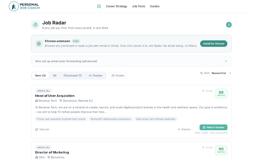 Personal Job Coach: Job Radar :: Save jobs from LinkedIn, Indeed and 60+ job boards to your Job Radar feed in one click.