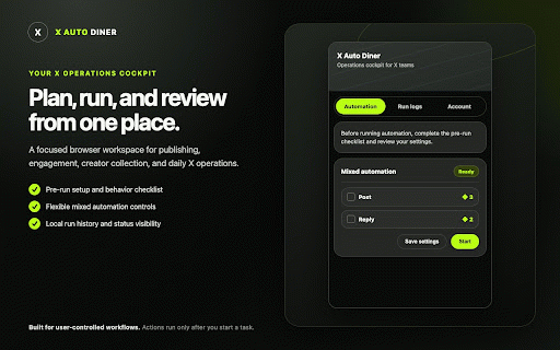 X Auto Diner :: Automate posting, replies, likes, verified-account follows, and creator post collection on X.