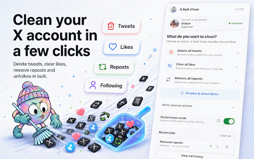 X Bulk Clean :: Free bulk cleanup tools for X. Delete posts/replies, remove likes/reposts, manage follows, and export CSV backups locally.