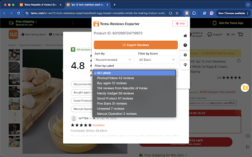 Temu Reviews Exporter :: Export and download Temu product reviews to CSV/XLSX with one click.
