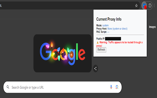 Proxy Detector :: Displays current browser proxy mode, public IP, and warns if traffic is routed through a proxy.
