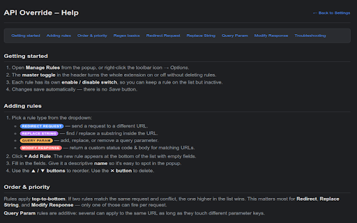 API Override :: Redirect requests, rewrite URLs, and mock API responses with a configurable rule list.