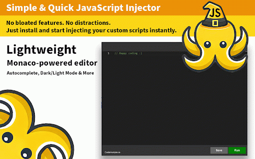 TamperJS — Inject Javascript Easily :: Inject, tweak, and customize JavaScript on any website with a powerful Monaco-powered editor.