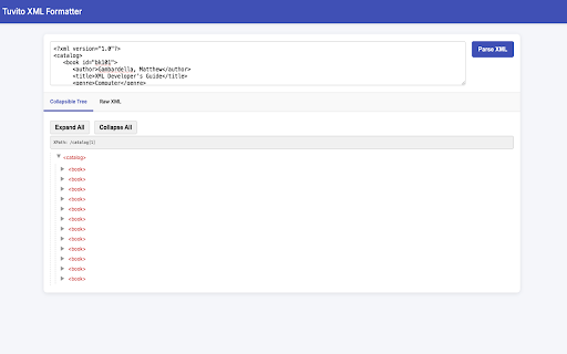 Tuvito XML Formatter :: Paste or type XML, then view a collapsible, color-coded tree and clickable raw XML panel with sleek styling.