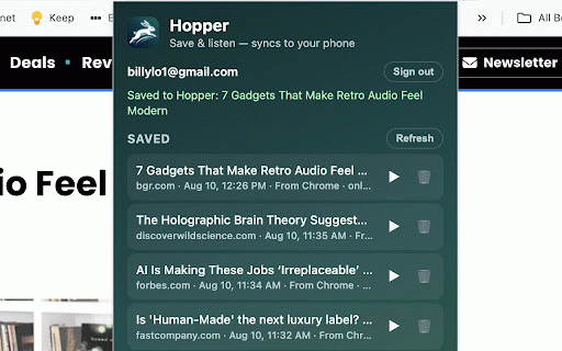 Hopper Save :: Save pages or selected text to Hopper, browse your saved list, and listen with TTS — synced to your phone.