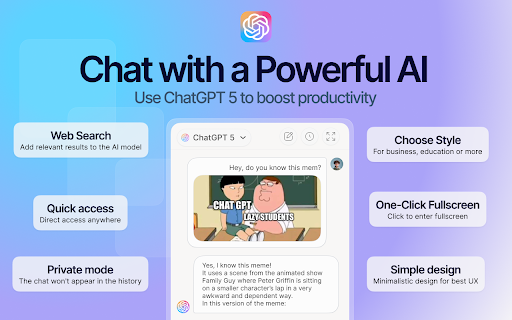 Chat GPT 5 :: Experience Chat gpt 5 power and knowledge. Access gpt-5 model instantly in browser with chatgpt 5.0 extension in sidebar.