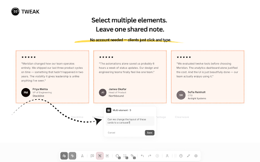 Tweak :: Collect client feedback on live websites. Pin comments to elements, style previews, and MCP fix workflows.