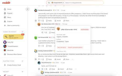 TrueVoice for Reddit :: Spot bots, shills, and low-quality accounts on Reddit. Trust badges show account age, karma, and behavior at a glance.