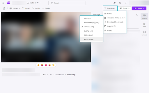 Teams Recording & Transcript Downloader :: Save a Teams or Stream meeting recording as video, audio or a transcript with speaker names and timestamps.