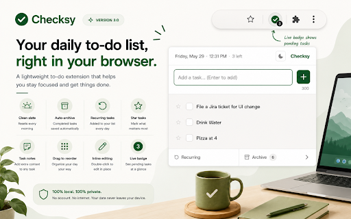 Checksy :: A minimal daily to-do with archiving, recurring tasks, notes, priority, and dark mode.