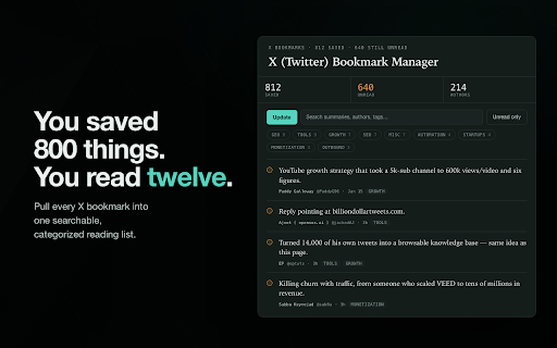 X (Twitter) Bookmark Manager :: Export, categorize, and actually read your saved X (Twitter) bookmarks. AI-tagged reading list, stored locally, bring your own key.