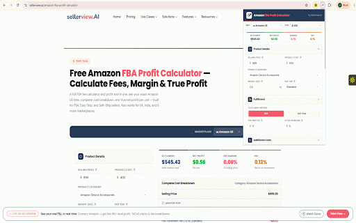 Sellerview.ai Amazon FBA Profit Calculator :: Calculate exact Amazon fees, cost breakdown, and true net profit per unit — for any global marketplace. By Sellerview.ai