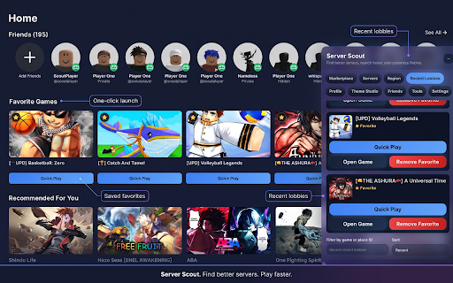 Roblox Server Scout :: Roblox Server Scout helps you find better servers, use Quick Play, rejoin recent lobbies, customize themes, and access player tools.