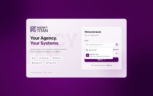 AgencyTitan :: Secure AgencyTitan access with credential autofill and page-aware AI chat for faster agency workflows.